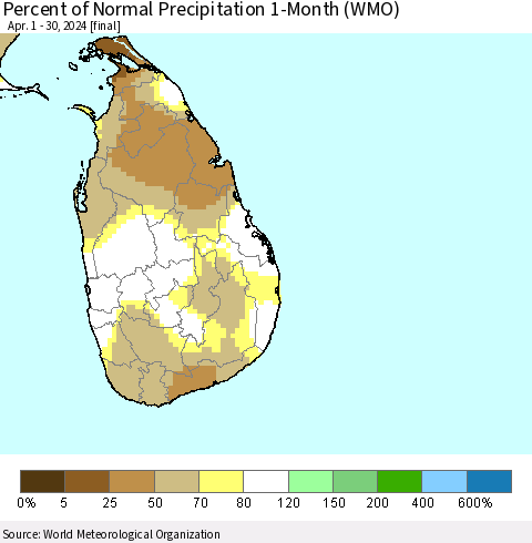 Sri Lanka Percent of Normal Precipitation 1-Month (WMO) Thematic Map For 4/1/2024 - 4/30/2024