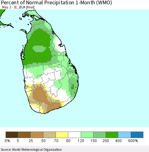 Sri Lanka Percent of Normal Precipitation 1-Month (WMO) Thematic Map For 5/1/2024 - 5/31/2024