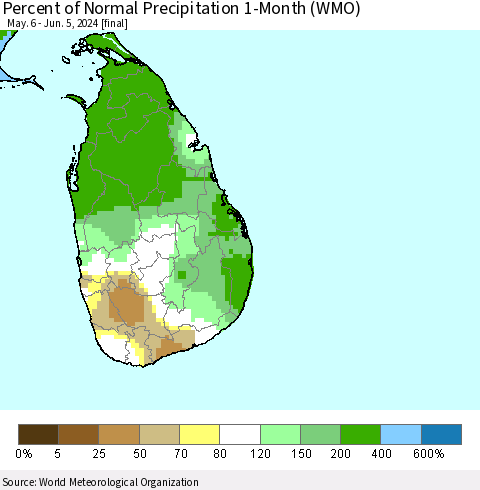 Sri Lanka Percent of Normal Precipitation 1-Month (WMO) Thematic Map For 5/6/2024 - 6/5/2024