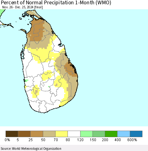 Sri Lanka Percent of Normal Precipitation 1-Month (WMO) Thematic Map For 11/26/2024 - 12/25/2024