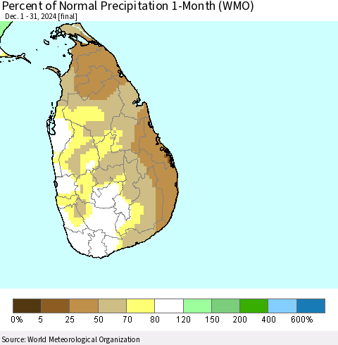 Sri Lanka Percent of Normal Precipitation 1-Month (WMO) Thematic Map For 12/1/2024 - 12/31/2024