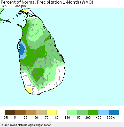 Sri Lanka Percent of Normal Precipitation 1-Month (WMO) Thematic Map For 1/1/2025 - 1/31/2025