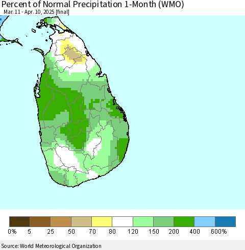 Sri Lanka Percent of Normal Precipitation 1-Month (WMO) Thematic Map For 3/11/2025 - 4/10/2025