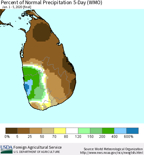 Sri Lanka Percent of Normal Precipitation 5-Day (WMO) Thematic Map For 1/1/2020 - 1/5/2020
