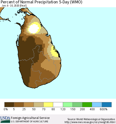 Sri Lanka Percent of Normal Precipitation 5-Day (WMO) Thematic Map For 1/6/2020 - 1/10/2020