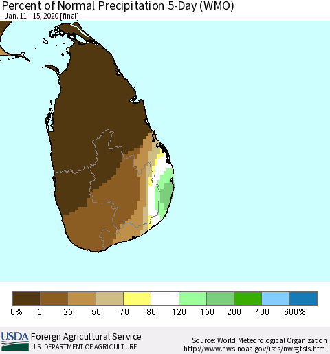 Sri Lanka Percent of Normal Precipitation 5-Day (WMO) Thematic Map For 1/11/2020 - 1/15/2020