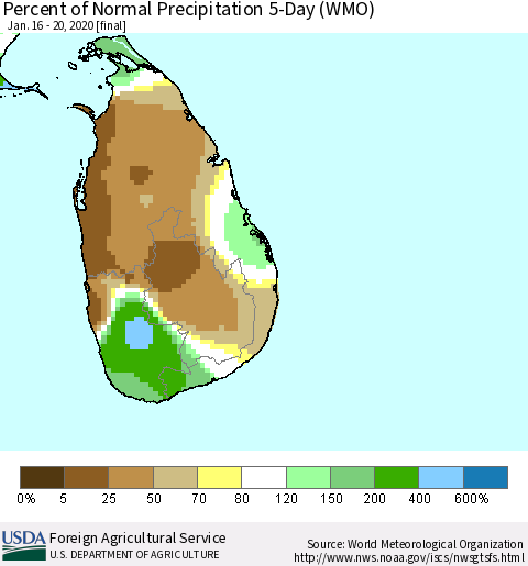 Sri Lanka Percent of Normal Precipitation 5-Day (WMO) Thematic Map For 1/16/2020 - 1/20/2020