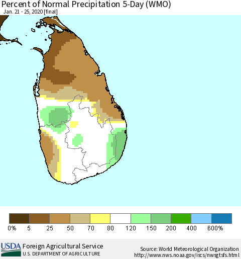 Sri Lanka Percent of Normal Precipitation 5-Day (WMO) Thematic Map For 1/21/2020 - 1/25/2020