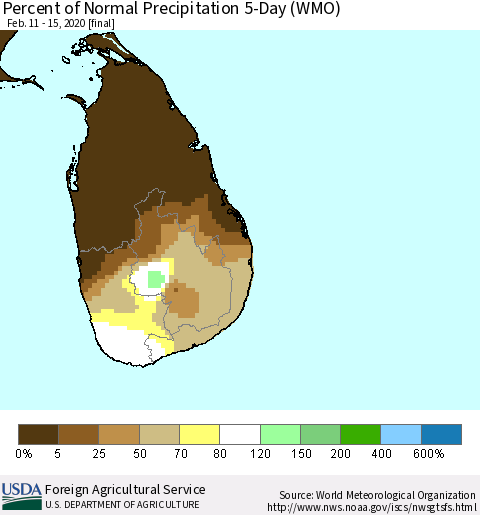 Sri Lanka Percent of Normal Precipitation 5-Day (WMO) Thematic Map For 2/11/2020 - 2/15/2020