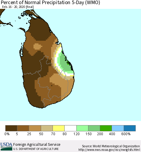 Sri Lanka Percent of Normal Precipitation 5-Day (WMO) Thematic Map For 2/16/2020 - 2/20/2020