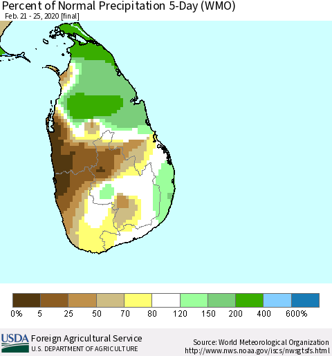 Sri Lanka Percent of Normal Precipitation 5-Day (WMO) Thematic Map For 2/21/2020 - 2/25/2020