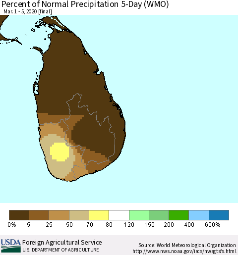 Sri Lanka Percent of Normal Precipitation 5-Day (WMO) Thematic Map For 3/1/2020 - 3/5/2020