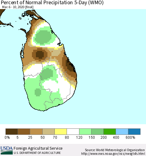 Sri Lanka Percent of Normal Precipitation 5-Day (WMO) Thematic Map For 3/6/2020 - 3/10/2020
