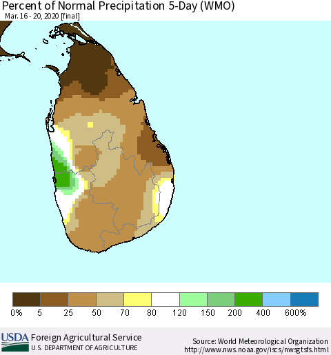 Sri Lanka Percent of Normal Precipitation 5-Day (WMO) Thematic Map For 3/16/2020 - 3/20/2020