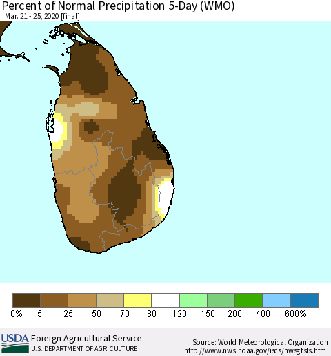 Sri Lanka Percent of Normal Precipitation 5-Day (WMO) Thematic Map For 3/21/2020 - 3/25/2020