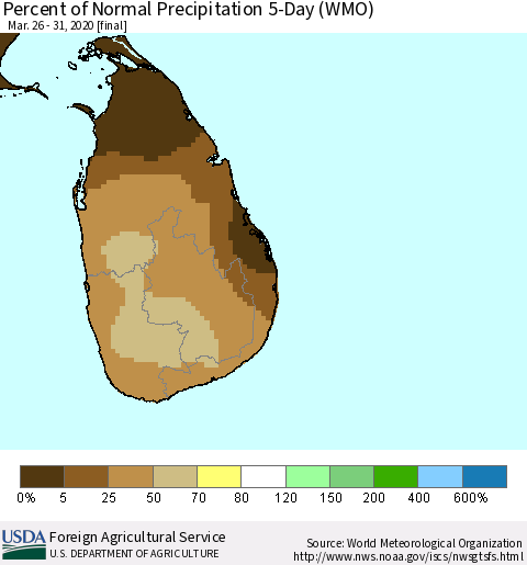 Sri Lanka Percent of Normal Precipitation 5-Day (WMO) Thematic Map For 3/26/2020 - 3/31/2020