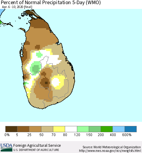 Sri Lanka Percent of Normal Precipitation 5-Day (WMO) Thematic Map For 4/6/2020 - 4/10/2020
