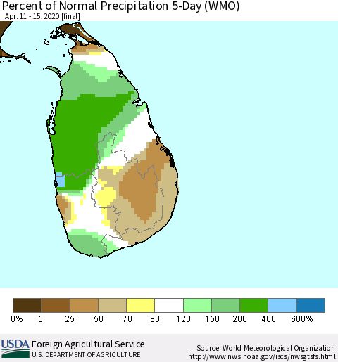 Sri Lanka Percent of Normal Precipitation 5-Day (WMO) Thematic Map For 4/11/2020 - 4/15/2020