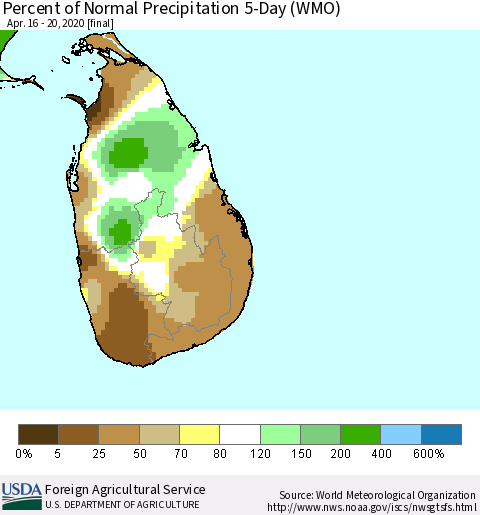 Sri Lanka Percent of Normal Precipitation 5-Day (WMO) Thematic Map For 4/16/2020 - 4/20/2020
