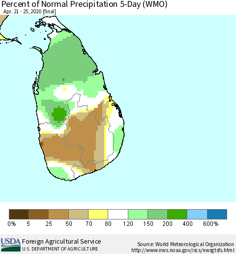 Sri Lanka Percent of Normal Precipitation 5-Day (WMO) Thematic Map For 4/21/2020 - 4/25/2020