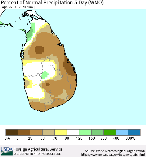 Sri Lanka Percent of Normal Precipitation 5-Day (WMO) Thematic Map For 4/26/2020 - 4/30/2020