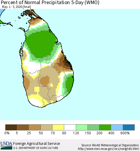 Sri Lanka Percent of Normal Precipitation 5-Day (WMO) Thematic Map For 5/1/2020 - 5/5/2020