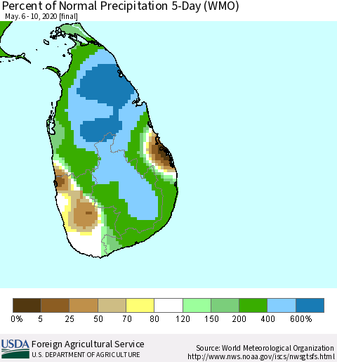 Sri Lanka Percent of Normal Precipitation 5-Day (WMO) Thematic Map For 5/6/2020 - 5/10/2020