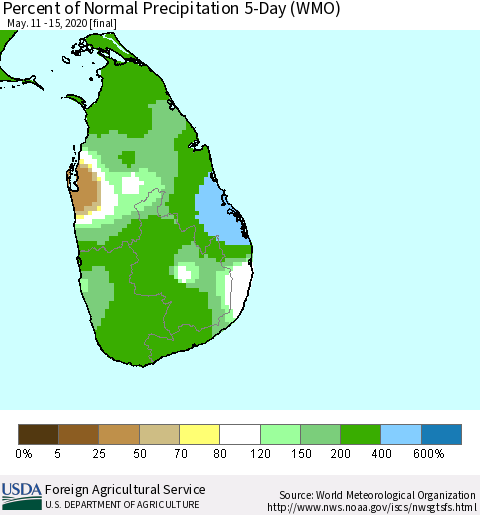 Sri Lanka Percent of Normal Precipitation 5-Day (WMO) Thematic Map For 5/11/2020 - 5/15/2020