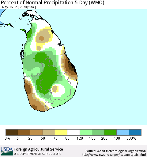 Sri Lanka Percent of Normal Precipitation 5-Day (WMO) Thematic Map For 5/16/2020 - 5/20/2020