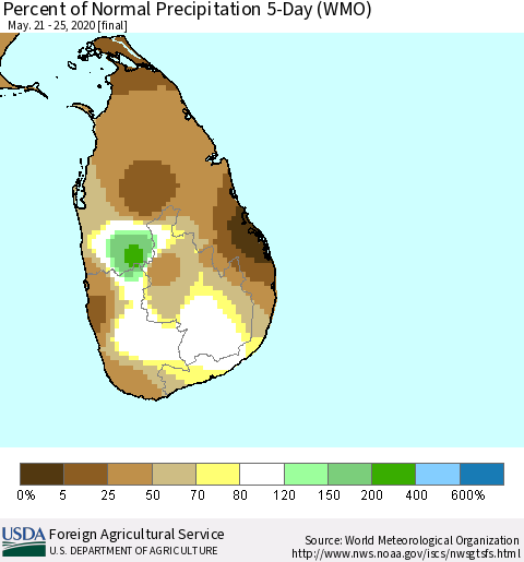 Sri Lanka Percent of Normal Precipitation 5-Day (WMO) Thematic Map For 5/21/2020 - 5/25/2020