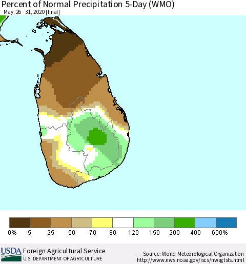 Sri Lanka Percent of Normal Precipitation 5-Day (WMO) Thematic Map For 5/26/2020 - 5/31/2020