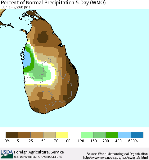 Sri Lanka Percent of Normal Precipitation 5-Day (WMO) Thematic Map For 6/1/2020 - 6/5/2020