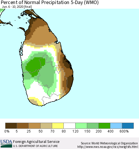 Sri Lanka Percent of Normal Precipitation 5-Day (WMO) Thematic Map For 6/6/2020 - 6/10/2020