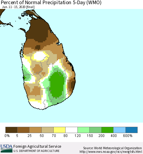 Sri Lanka Percent of Normal Precipitation 5-Day (WMO) Thematic Map For 6/11/2020 - 6/15/2020