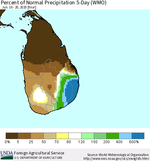 Sri Lanka Percent of Normal Precipitation 5-Day (WMO) Thematic Map For 6/16/2020 - 6/20/2020