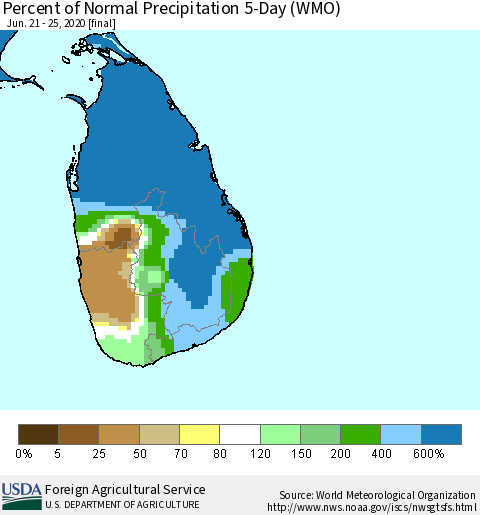 Sri Lanka Percent of Normal Precipitation 5-Day (WMO) Thematic Map For 6/21/2020 - 6/25/2020