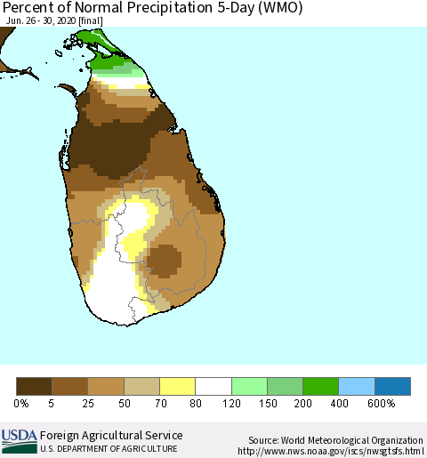 Sri Lanka Percent of Normal Precipitation 5-Day (WMO) Thematic Map For 6/26/2020 - 6/30/2020