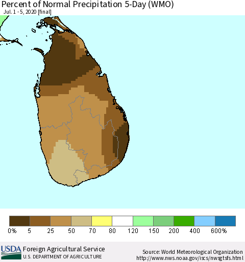 Sri Lanka Percent of Normal Precipitation 5-Day (WMO) Thematic Map For 7/1/2020 - 7/5/2020
