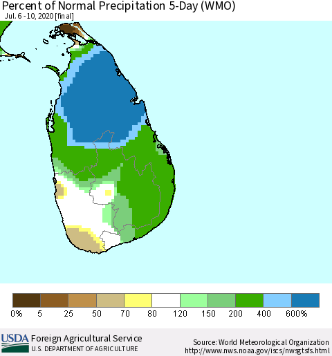 Sri Lanka Percent of Normal Precipitation 5-Day (WMO) Thematic Map For 7/6/2020 - 7/10/2020