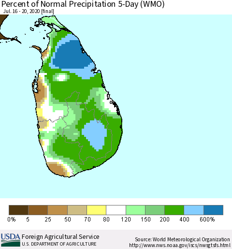 Sri Lanka Percent of Normal Precipitation 5-Day (WMO) Thematic Map For 7/16/2020 - 7/20/2020