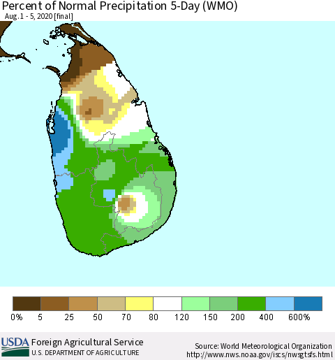 Sri Lanka Percent of Normal Precipitation 5-Day (WMO) Thematic Map For 8/1/2020 - 8/5/2020