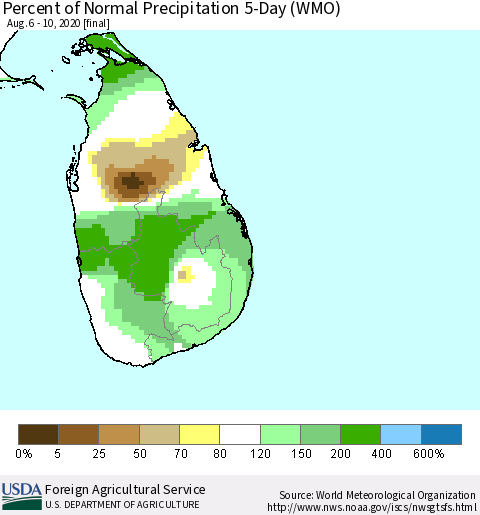 Sri Lanka Percent of Normal Precipitation 5-Day (WMO) Thematic Map For 8/6/2020 - 8/10/2020