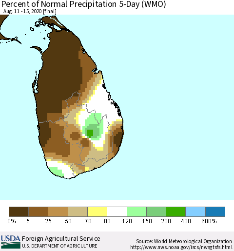 Sri Lanka Percent of Normal Precipitation 5-Day (WMO) Thematic Map For 8/11/2020 - 8/15/2020