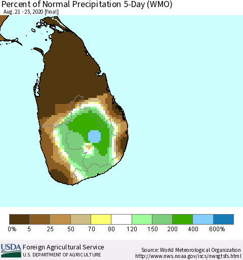 Sri Lanka Percent of Normal Precipitation 5-Day (WMO) Thematic Map For 8/21/2020 - 8/25/2020