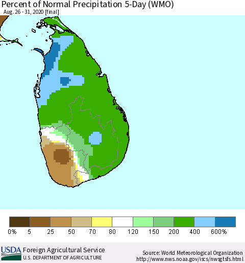 Sri Lanka Percent of Normal Precipitation 5-Day (WMO) Thematic Map For 8/26/2020 - 8/31/2020