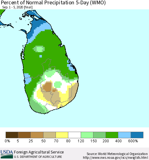 Sri Lanka Percent of Normal Precipitation 5-Day (WMO) Thematic Map For 9/1/2020 - 9/5/2020