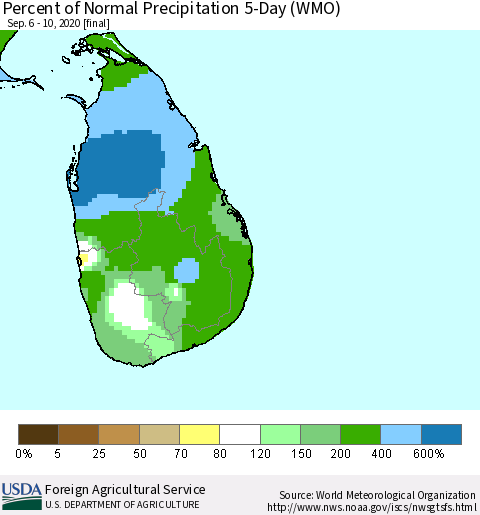 Sri Lanka Percent of Normal Precipitation 5-Day (WMO) Thematic Map For 9/6/2020 - 9/10/2020