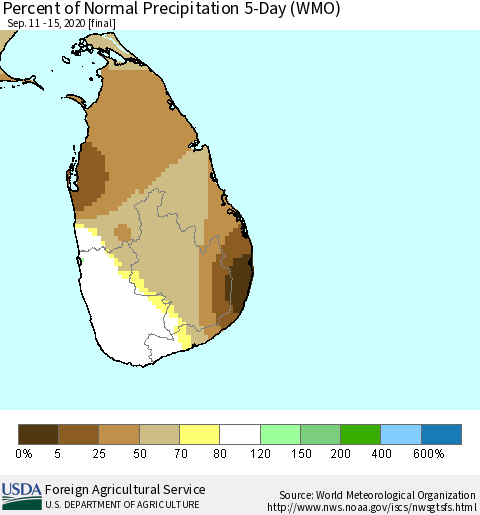 Sri Lanka Percent of Normal Precipitation 5-Day (WMO) Thematic Map For 9/11/2020 - 9/15/2020