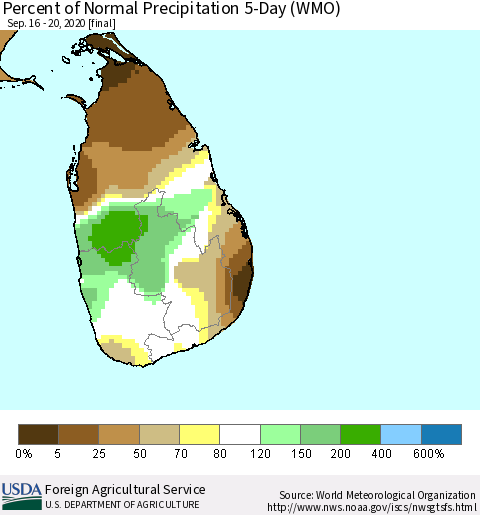Sri Lanka Percent of Normal Precipitation 5-Day (WMO) Thematic Map For 9/16/2020 - 9/20/2020