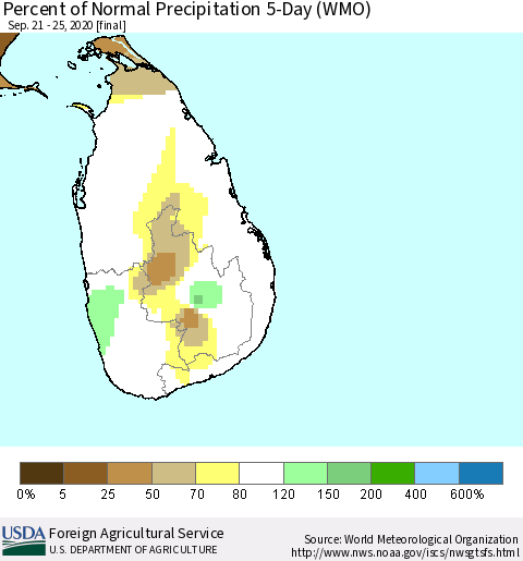 Sri Lanka Percent of Normal Precipitation 5-Day (WMO) Thematic Map For 9/21/2020 - 9/25/2020
